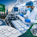 Advanced medical electrode manufacturing facility in Saudi Arabia showing automated ECG electrode production, quality control processes, and modern healthcare technology.