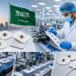 ECG electrode manufacturing facility in Saudi Arabia showing automated production lines, medical device assembly, quality testing, and healthcare innovation.