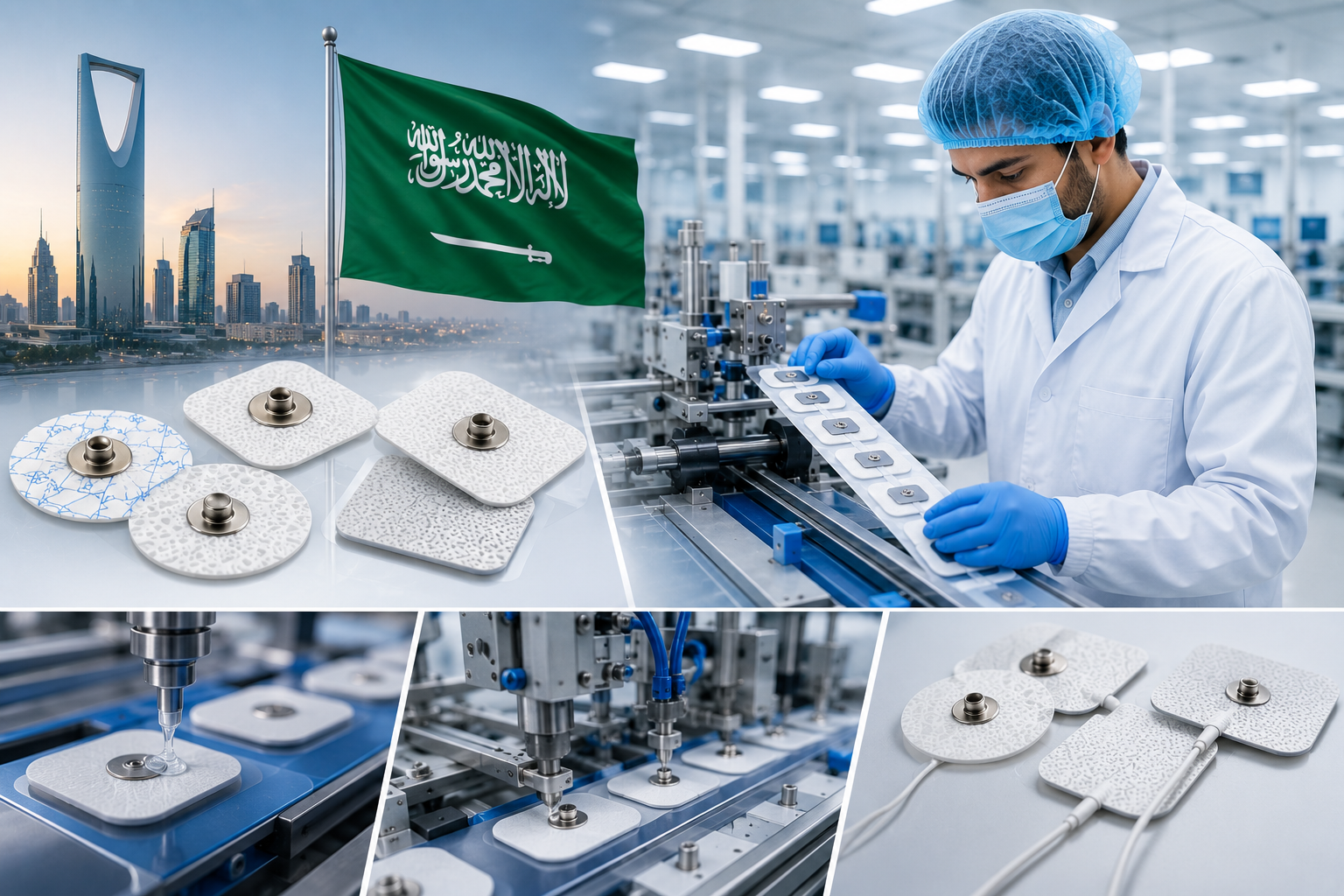 ECG electrode manufacturing facility in Saudi Arabia showing automated production lines, medical device assembly, quality testing, and healthcare innovation.