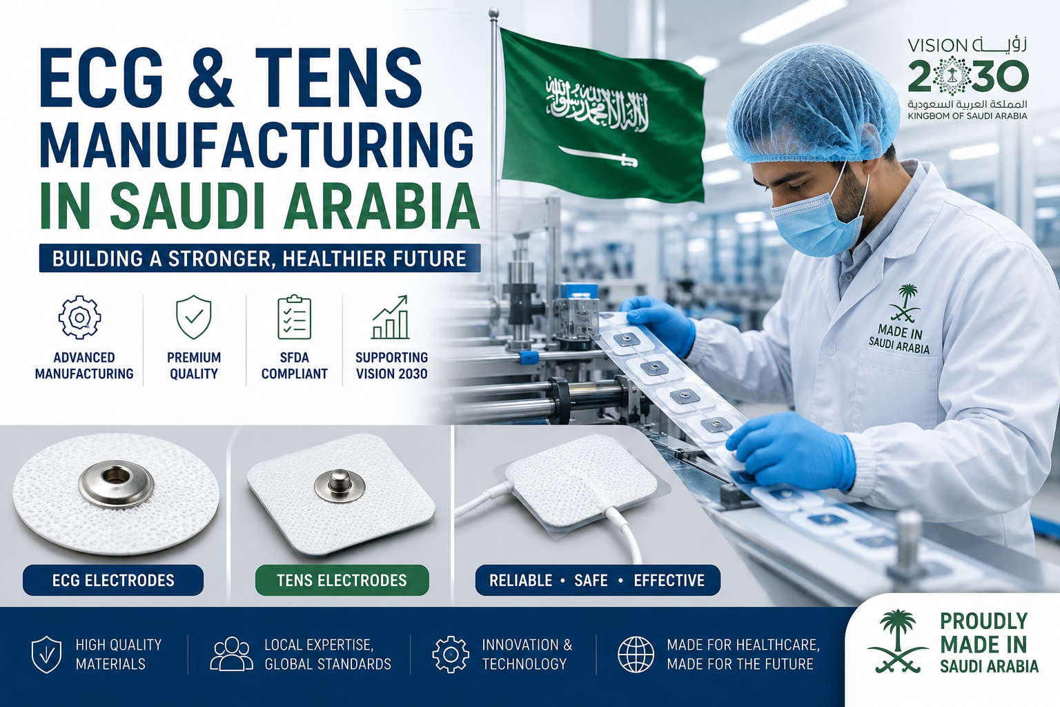 ECG and TENS electrode manufacturing facility in Saudi Arabia showing medical device production, quality control, and healthcare innovation under Vision 2030.
